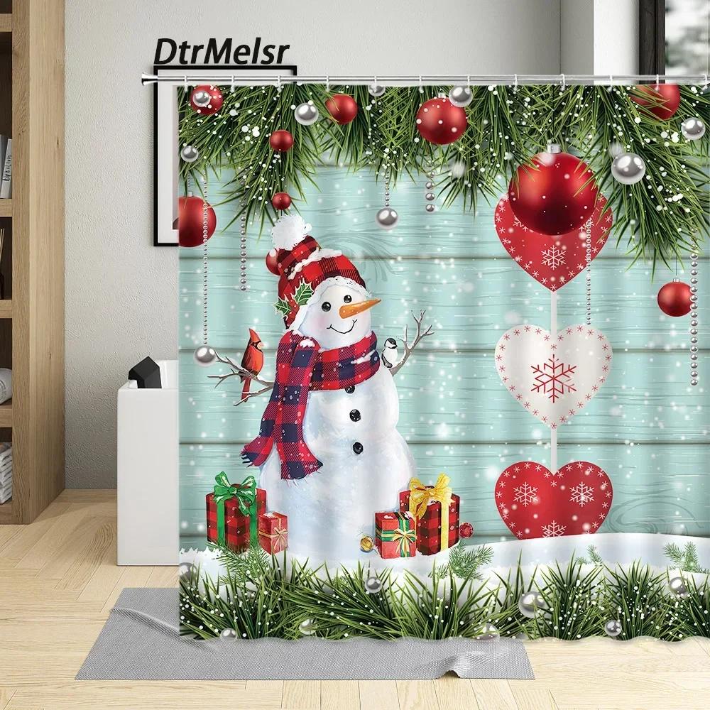 

Christmas Shower Curtains Funny Snowman Green Pine Branch Red Xmas Ball Vintage Grey Wooden Board New Year Fabric Bathroom Decor W60H190(CM)-1 Pcs