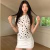 Women's Polka Dot Sleeveless Bodycon Top Slim Fit Mock Neck Casual Tee