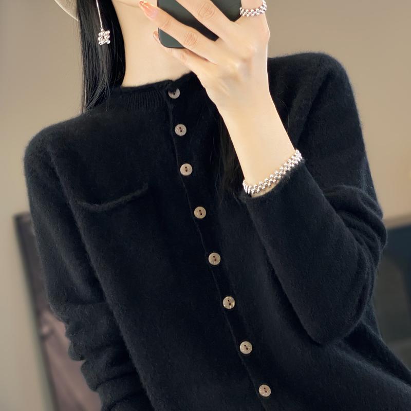 Women's Round Neck Cashmere Cardigan, Qinghe Cashmere, 30% Cashmere 70% Wool, Winter Knitted Pullover Autumn Sweater Cashmere Sweater