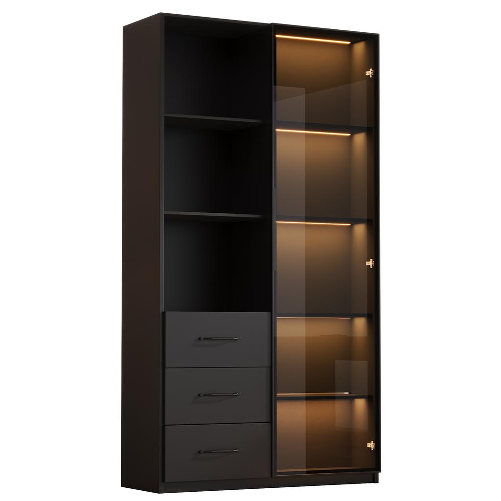 LED Display Cabinet 80 X 40 X 160 Cm - Bookcase with Tempered Glass Door and LED Lighting, 3 Drawers and 3 Open Compartments, Multicolor LEDs