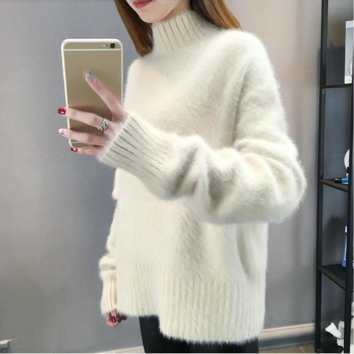 Autumn and Winter Non-shedding Waterproof Mink Sweater Women's Bottoming Shirt Thick Loose Half High Collar Solid Color Pullover Soft and Comfortable
