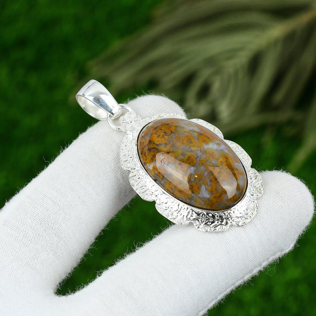 Mothers Day Sale Oval Natural Polka Dot Agate Bezel Birthday Pendant 925 Silver