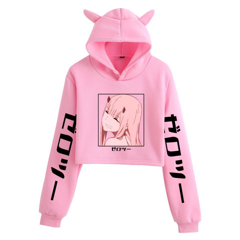 Zero Two Darling in the Franxx Anime Cat Ear Cropped Hoodie
