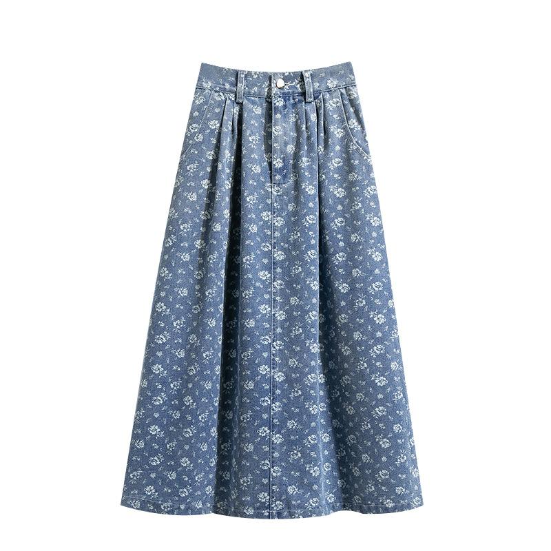 Retro Denim Skirt for Women High-Waisted A-Line Washed Midi Denim Skirt With Pockets Long Jean Skirts Women's Pleated Flowy Swing A-line Denim Skirts