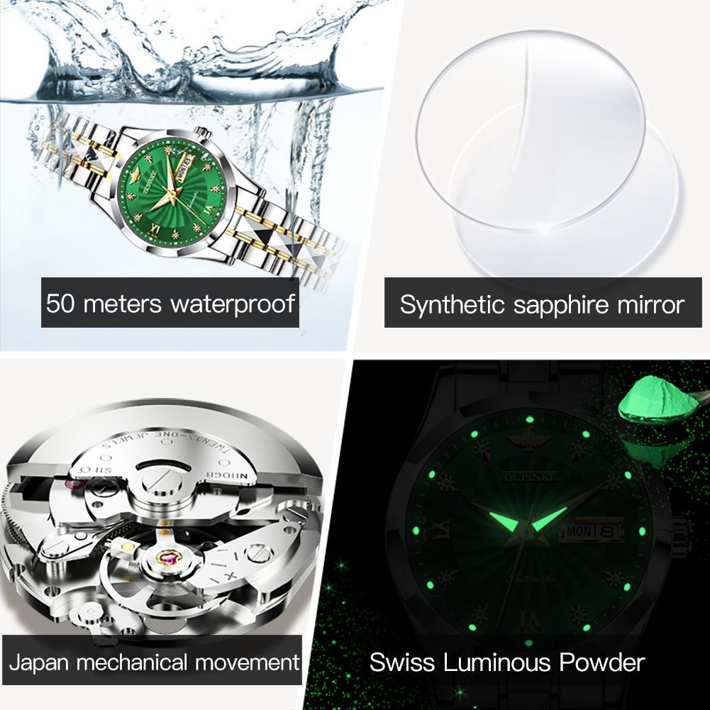 OUPINKE Montres en acier tungstène incrusté de diamants, montre mécanique automatique étanche pour femmes