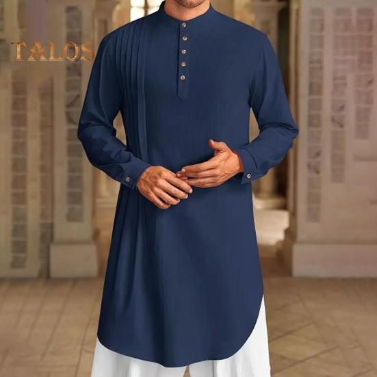 Men's Cotton Linen Kaftan Long Sleeve O-Neck Robe Solid Color Button-up Collar Thobe Breathable Arabic Clothing for Prayers Casual Wear