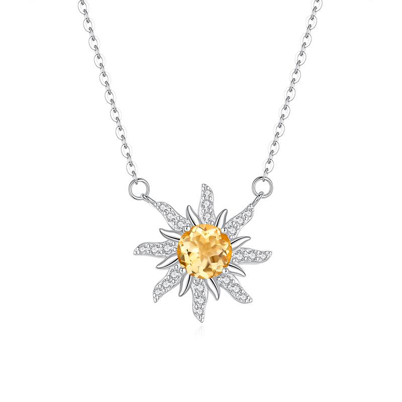 Elegant S925 Sterling Silver Sunflower Necklace, Inlaid Amethyst/Topaz Crystal, Fashion Starburst Choker Jewelry for Women