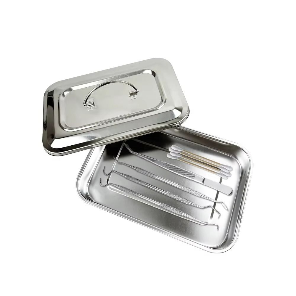 New Stainless Steel Dental Instruments Tray Rectangular Silver Storage Box With Lid Instrument Container