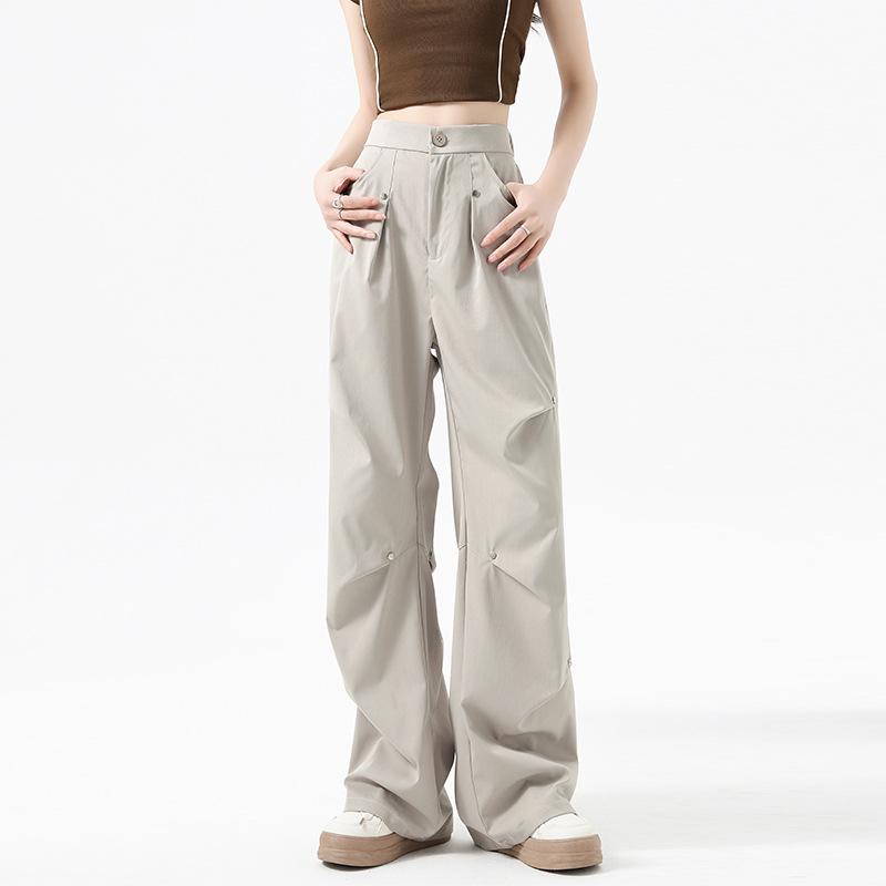 American Retro Willow Nail Cargo Pants for Women High Waist Straight Leg Trousers Slim Pleated Design Loose Wide Leg Casual Pants