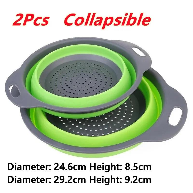 2Pcs Foldable Silicone Colander Fruit Vegetable Washing Basket Strainer Strainer Collapsible Drainer With Handle Kitchen Tools