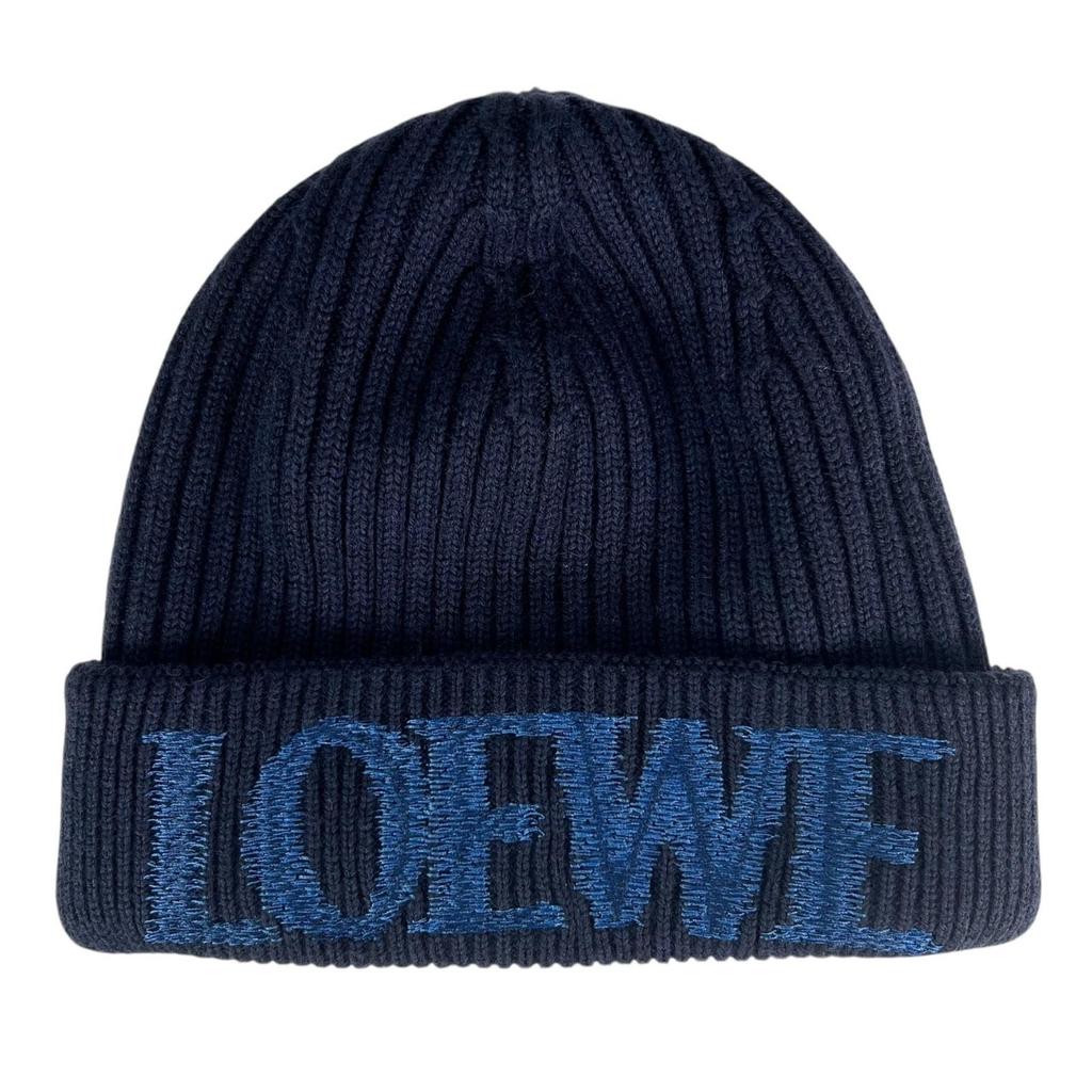 Pristine LOEWE Knit cap Logo design beanie Navy blue wool Women F540257X23 Used