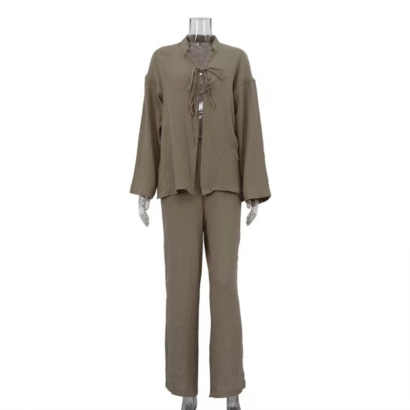 

Fashion Style Cotton Champray Fashion Loose Lace-up Shirt Pants Two-piece Set Shirt and Pants Set Brown L