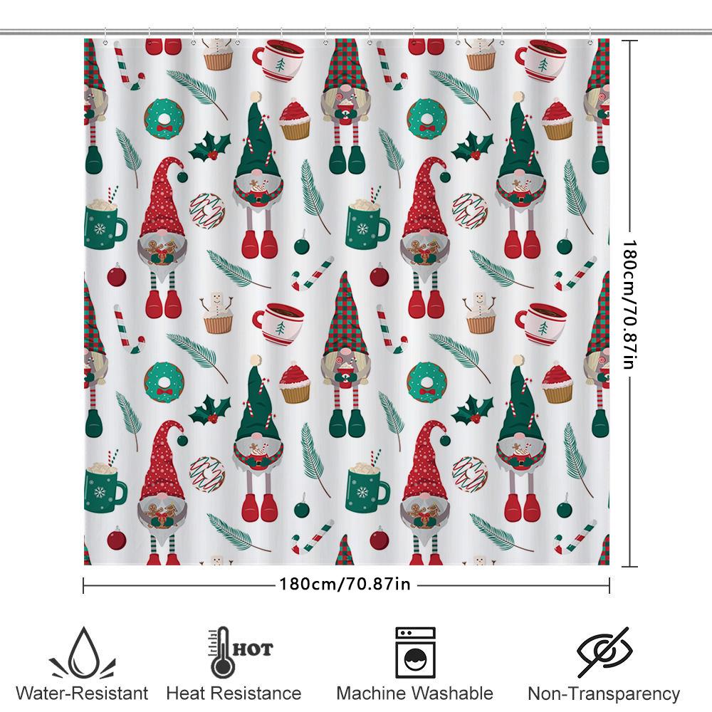 Christmas Decor Shower Curtain Fabric Bathroom Set Gnomes, Cupcakes Donuts Festive Print Waterproof Bath Liner Red Green White (