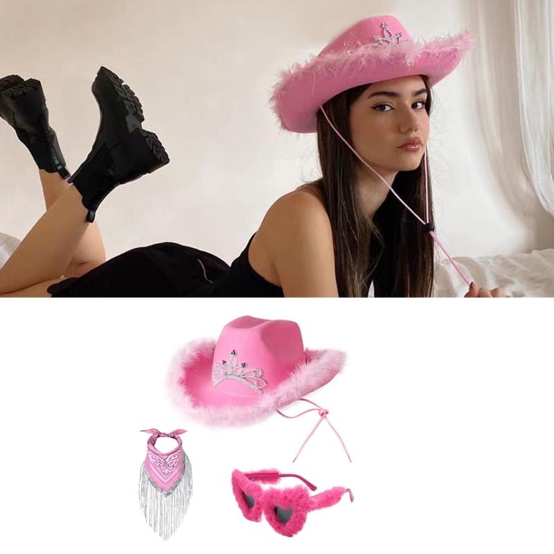 Cosplay Cowboy Hats for Female Western Cowgirl Hat Headscarf Heart Shape Sunglasses Bachelorettes Party Costume Set