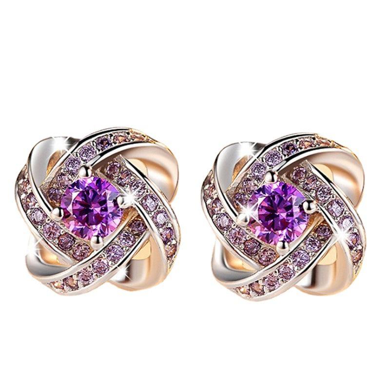 Amethyst Four-Leaf Clover Silver Stud Earrings - 999 Silver Korean Style