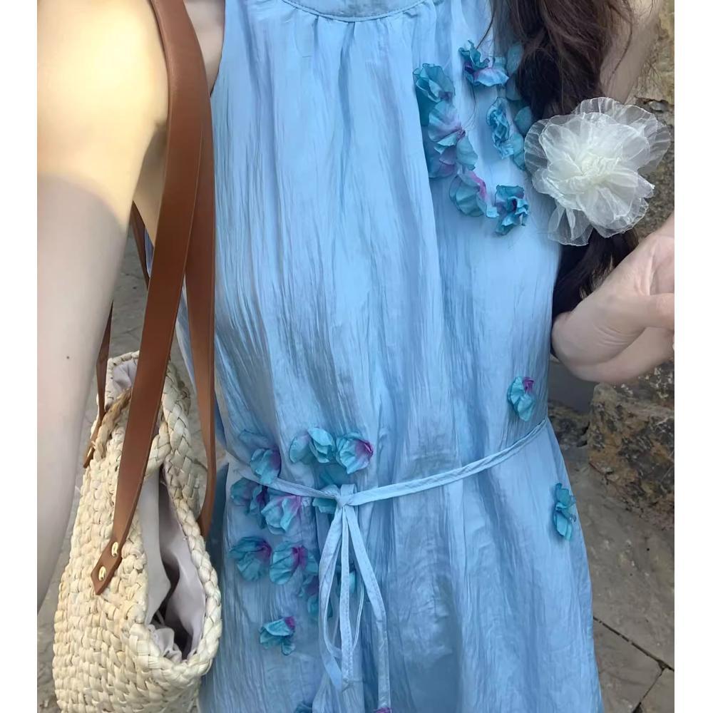 

Трехмерное цветочное платье с голубым вырезом, женское летнее повседневное свободное отпускное с открытыми плечами, жилет-юбка XL- (recommended 110-60kg)