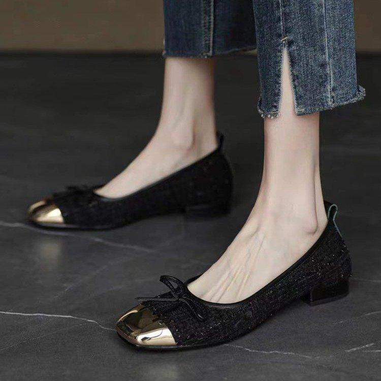 Bow Shallow Mouth Single Shoes Women's Spring and Summer 2025 New Ballet Shoes Soft Sole Metal Flat Shoes Women's Single Shoes