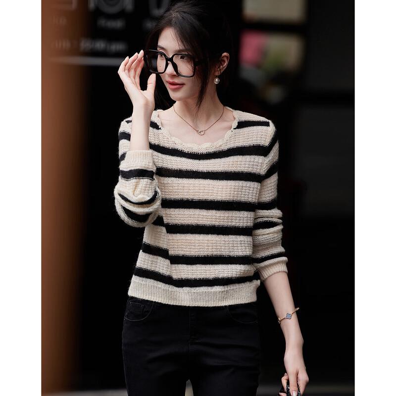 Demana Women's Lamb Wool Blend Ruffled Collar Puff Sleeve Striped Knit Top