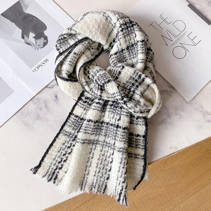100 Wool Plaid Scarf Women's Winter Black and White Plaid New Versatile Cashmere Knitted High-end Scarf