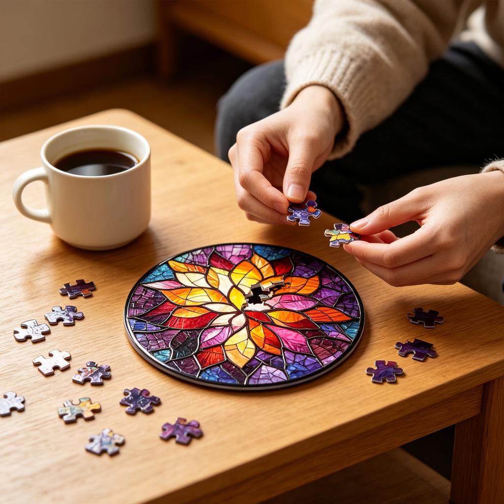 Round Stained Glass Window Hanging Decorative Panel with Floral Pattern and Metal Frame for Home Indoor Outdoor Use