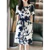Women's Round Neck Short Sleeve Midi Dress Slim Fit High Waist Belted Ink Print A-Line Dress Casual Summer Elegant Fashion Dress