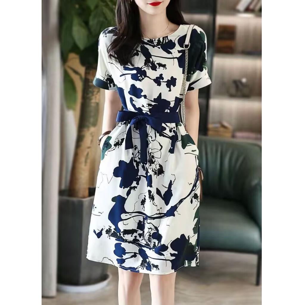 Women's Round Neck Short Sleeve Midi Dress Slim Fit High Waist Belted Ink Print A-Line Dress Casual Summer Elegant Fashion Dress