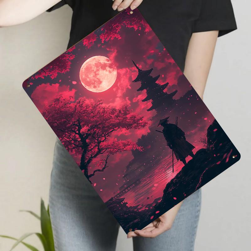 Samurai Under Red Moon Iron Wall Art Japanese Temple Cherry Blossom Decor Metal Painting 20x30cm（7.8x11.8inch）