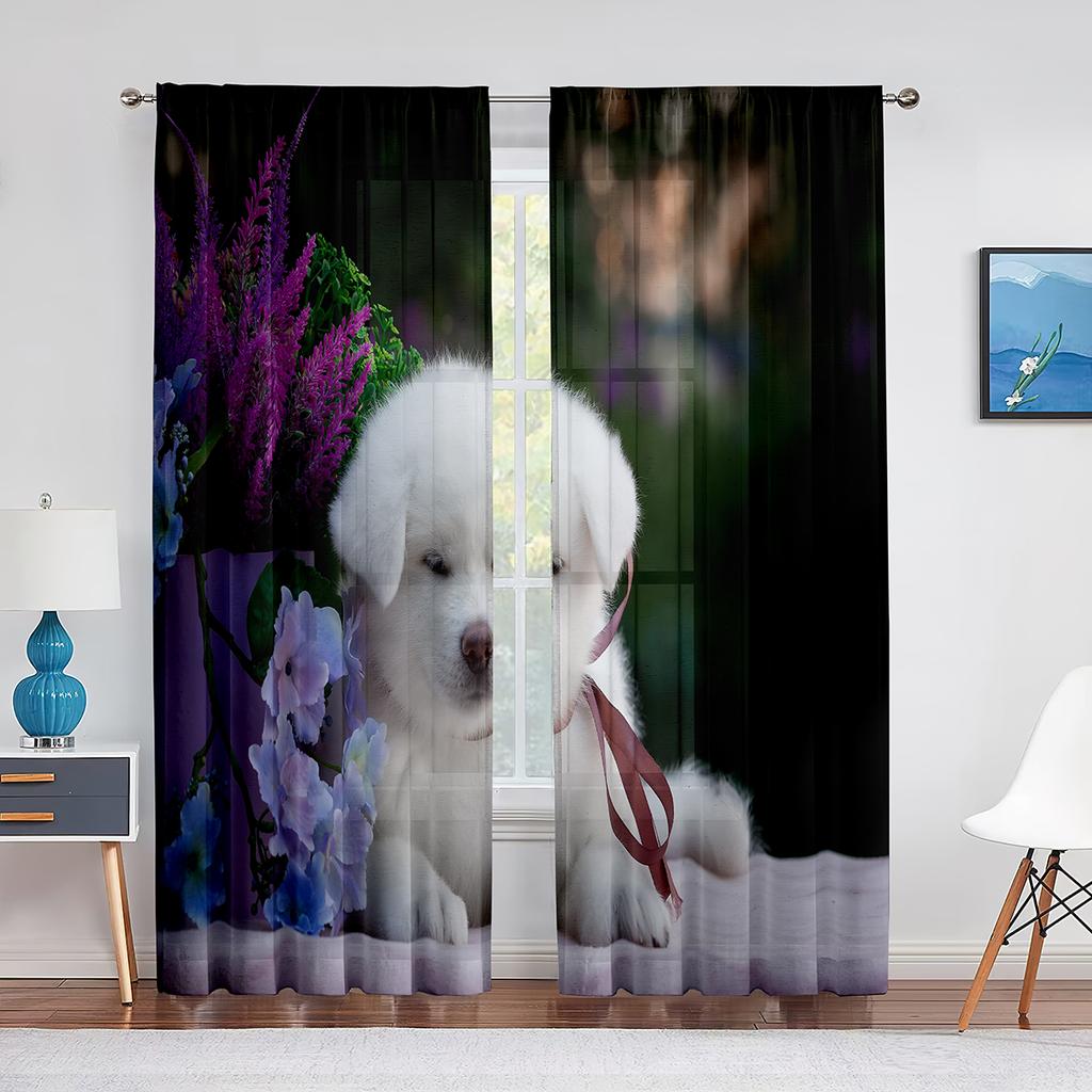 Doi Câini Samoyed Drăguți în Zăpadă Perdele Tulle pentru Decor Living Dormitor Bucătărie Perdea Voal Transparent Modern Draperii Fereastră