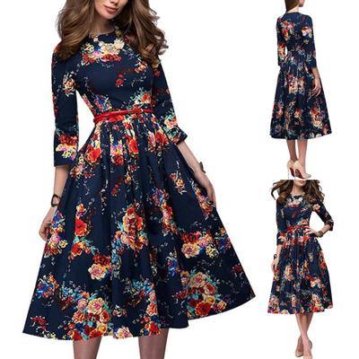 Women Elegant Vintage Floral Print O Neck Long Sleeve Flared Midi Party Dress