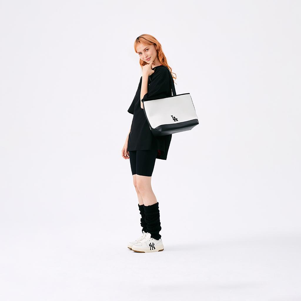 MLB LA Letter Large Capacity Lightweight Polyester Cotton Tote Bag Travel Bag Student Shoulder Handbag Unisex Tote Bag Cream 3AORL104-07CRM