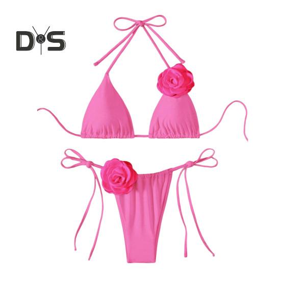 2Pcs/Set Women Bikini Set Lace-up Halter Padded Bra Swimming Trunks Set 3D Flower Decor Beach Style Swimwear