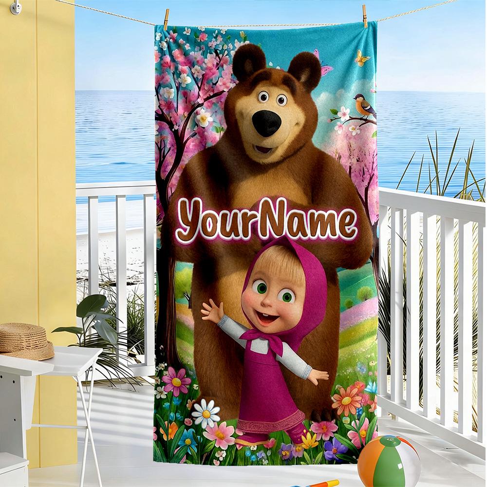 Masha Bear Customized Name Beach Towel Super Soft Microfiber Quickdry Fabric Perfect for Traveling Yoga Camping and Swimming