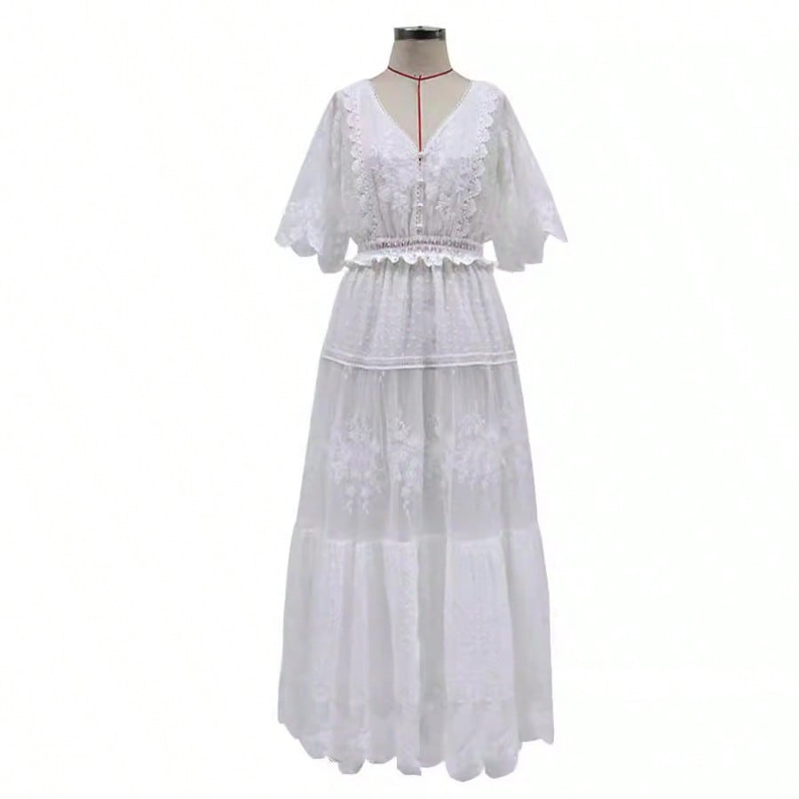 Women Summer New V Neck Short Sleeve Lace Dress, European American Style Elegant Midi Dress
