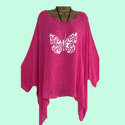 Plus Size Women Loose Cotton Linen Shirt Spring&summer Casual Round Collar Thin Long Sleeve Top Ladies Fashion Print Irregular Hem Long Shirt