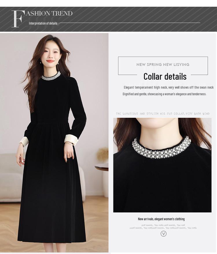 Hepburn Style Black Velvet Long Sleeve Dress - French High-End Autumn/Winter Women's Waist-Cinched Slimming Gown