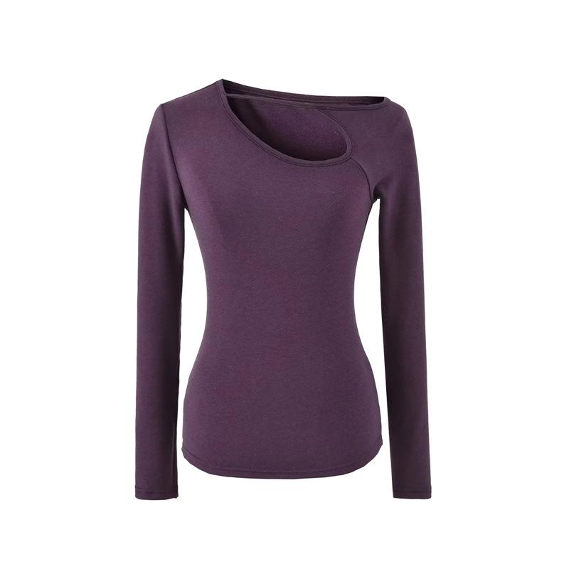 Design Sense Oblique Neckline Hollow Long-Sleeve Slim-Fit Velvet Top for Women - Autumn/Winter Sexy Base Layer