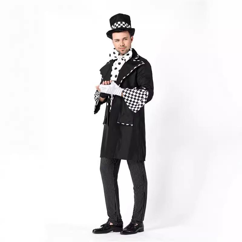 Mens Alice In Wonderland Cosplay Costume Mad Hatter Black White Checkered Fancy Dress Outfit Halloween Party Stage Performance