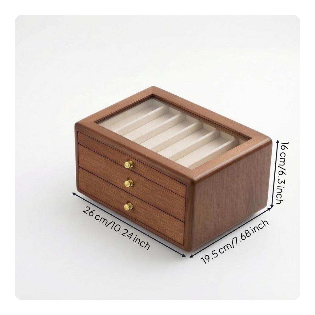 Jewelry Storage Box Wooden with Glass Lid Multi-Compartment