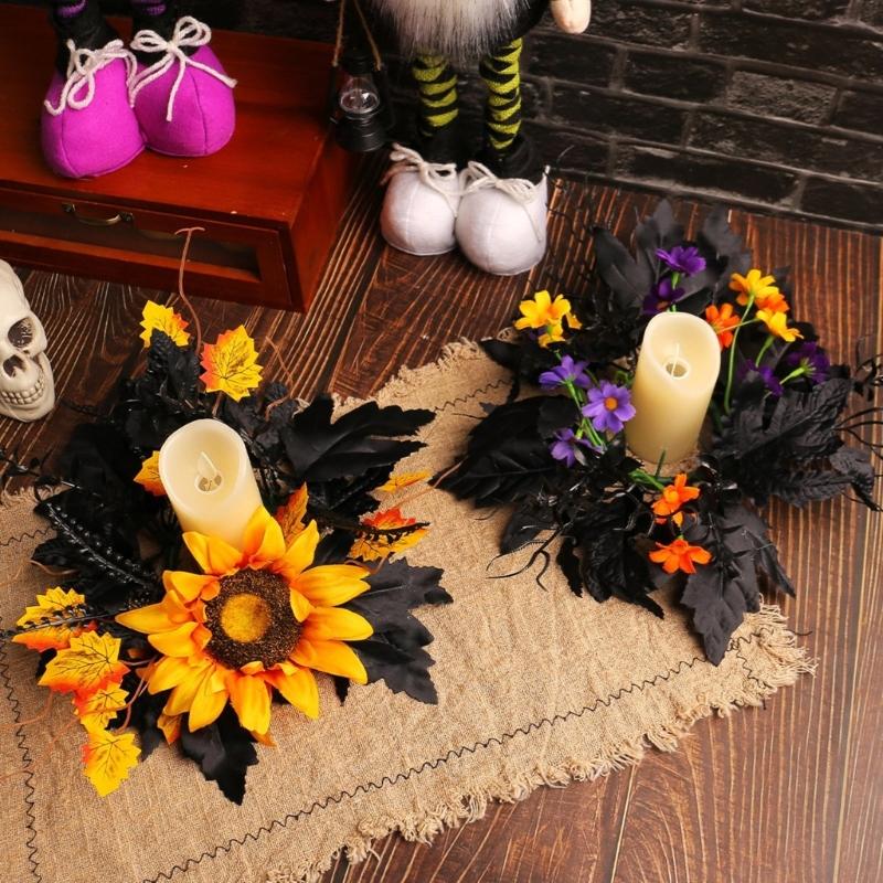 Colorful Flower Candle Wreaths Pack of 5 Tealight Candle Holders Rings for Halloween Parties Table Centerpieces Decors