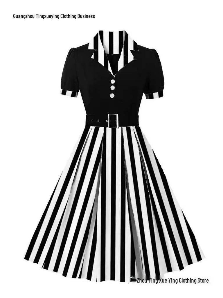 Stippen Revers Korte Mouwen Met Riem Afslankende Jurk voor Dames - Lente/Zomer Mode