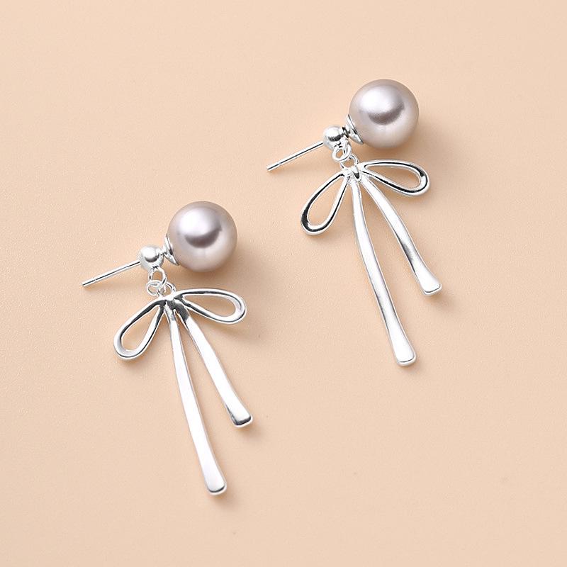 Sweet Gray Bowknot Back-Hanging Pearl Stud Earrings for Women