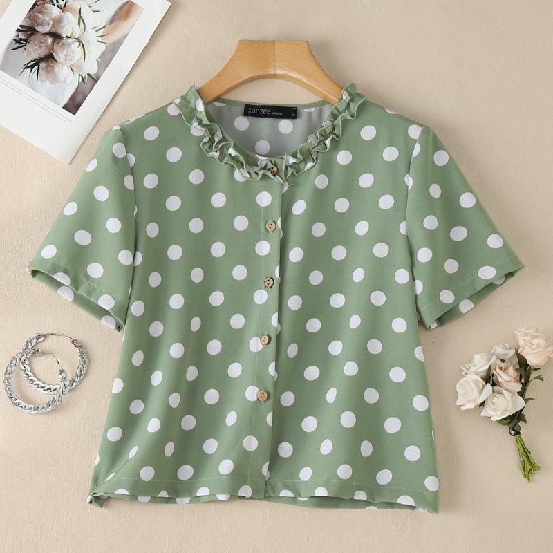 ZANZEA Women Casual Round Neck Polka Dot Print Short Sleeve Blouse