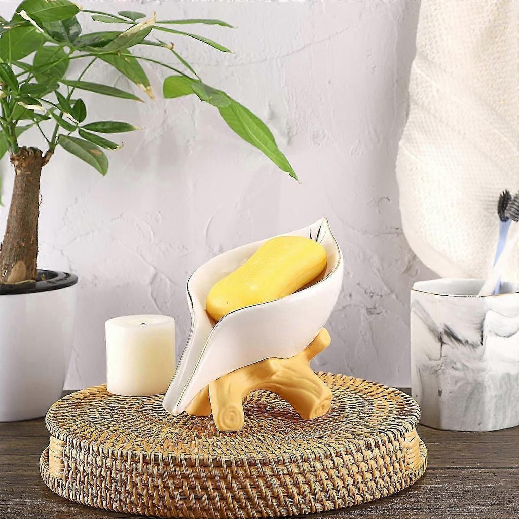 Ceramic Soap Dish Leaf Shaped Soap Dish Accessory for Bathroom, Shower, Kitchen, Wedding Gift (White+Gold)