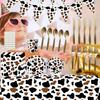 High-quality Party Tableware Set Black Brown Cow Print Paper Plates Cups And Utensils
