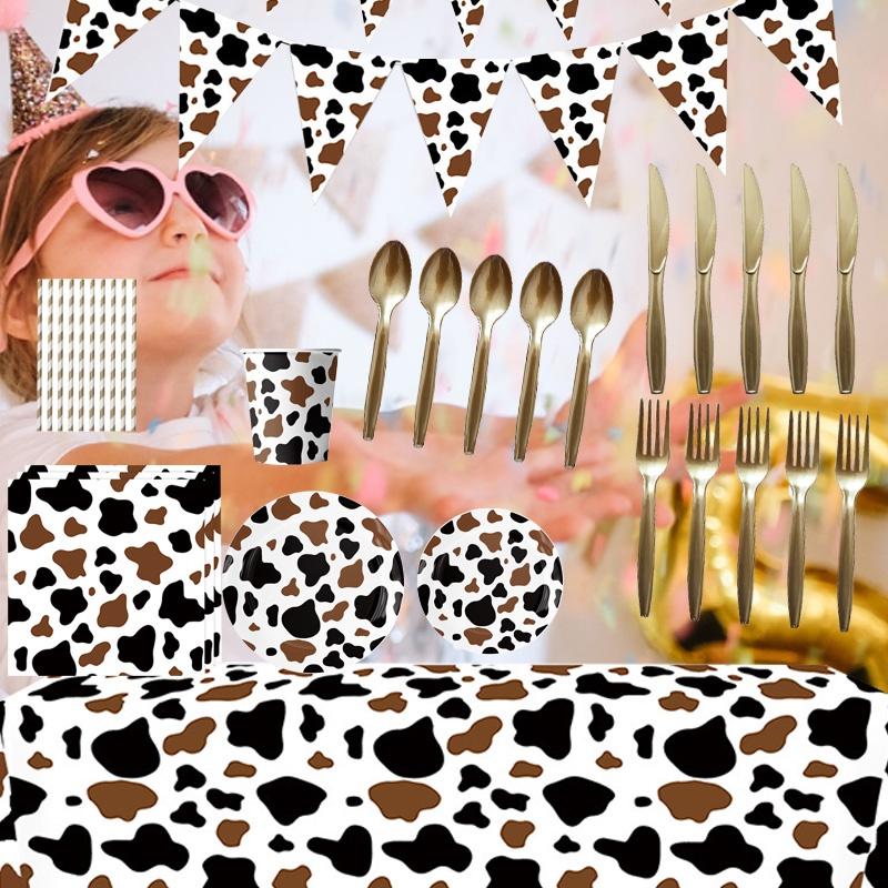 High-quality Party Tableware Set Black Brown Cow Print Paper Plates Cups And Utensils