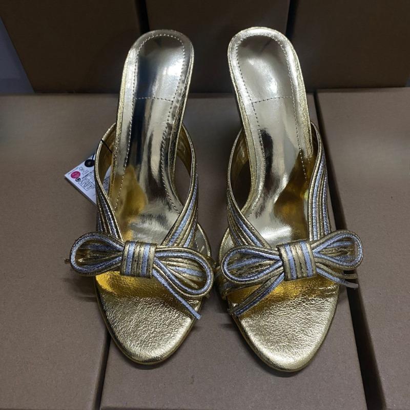 Soleist Golden High Heels Women Sandals Bow Knot Decoration Brand Designer Summer Mules Open Toe Elegant Stiletto Party Shoes for Female
