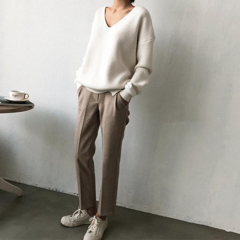 Pulover cu decolteu în V, simplu, cu tiv neregulat Pulover Top tricotat Femei