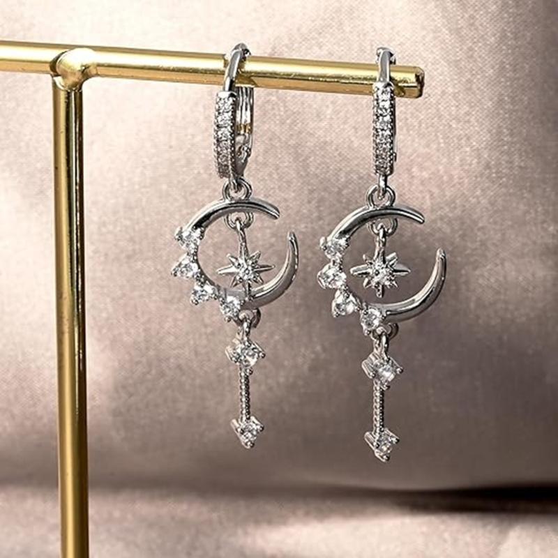 Twinkling Star Moon Floral Ear Studs With Micro Paved Zircon Accents And Lightweight Copper Construction