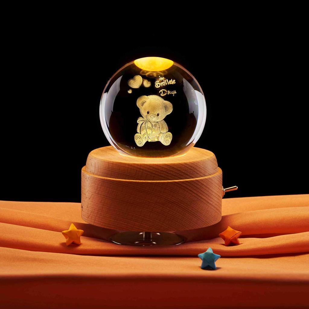 Luminous Teddy Bear Crystal Ball Night Light with Wooden Base - Creative Desktop Decoration Gift.