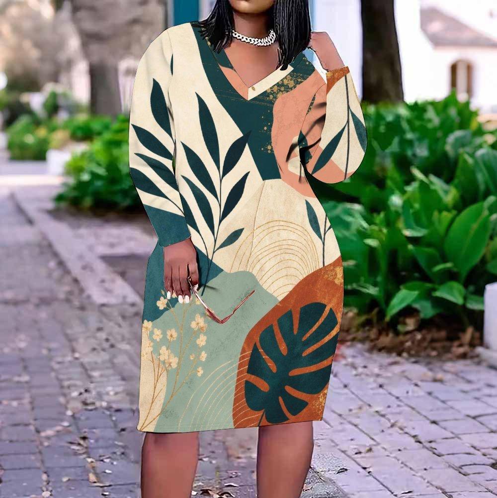 Women Plus Size V Neck Long Sleeve Printed White Fitted Dress